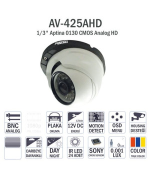AVENiR AHD DomE 1.3mp 3.6mm AV425AHD 1/3 Sony Aptina DWDR 20metre OSD AHD Kamera